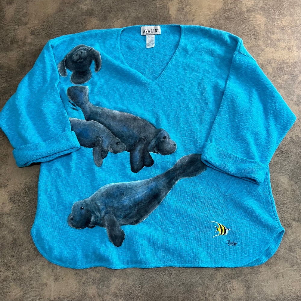 Avalin Sweater Womens One Size Blue Manatee Hand Painted Upcycled V-Neck